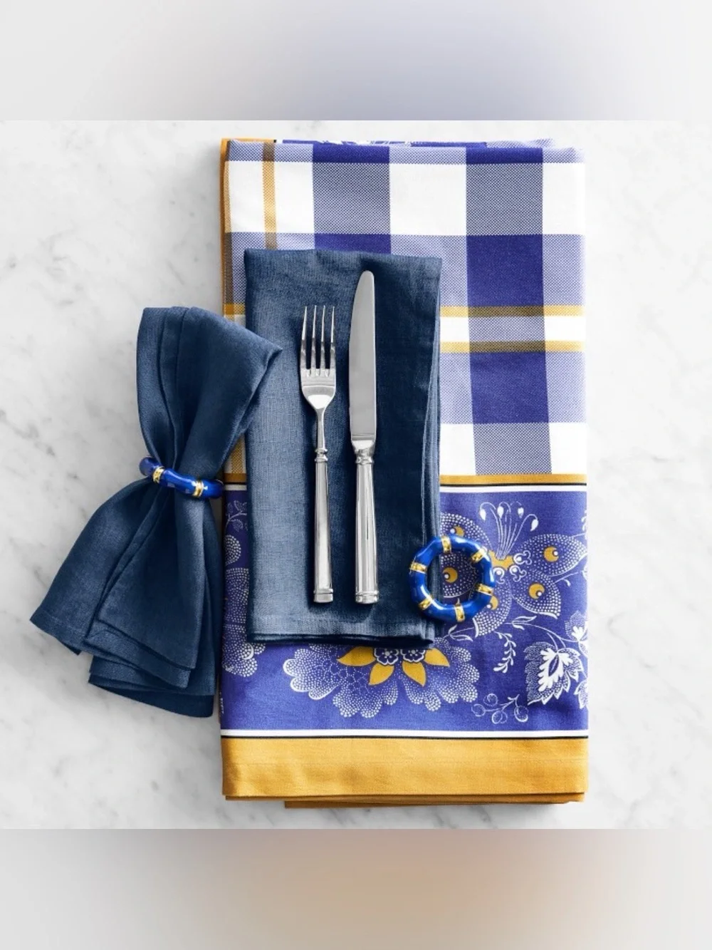 Pottery Barn Cloisonné Bangle Blue and Gold Bamboo-Style Napkin Rings (Set of 4)